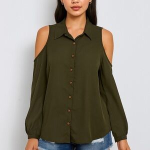 Women's Olive Green Cold Shoulder Top